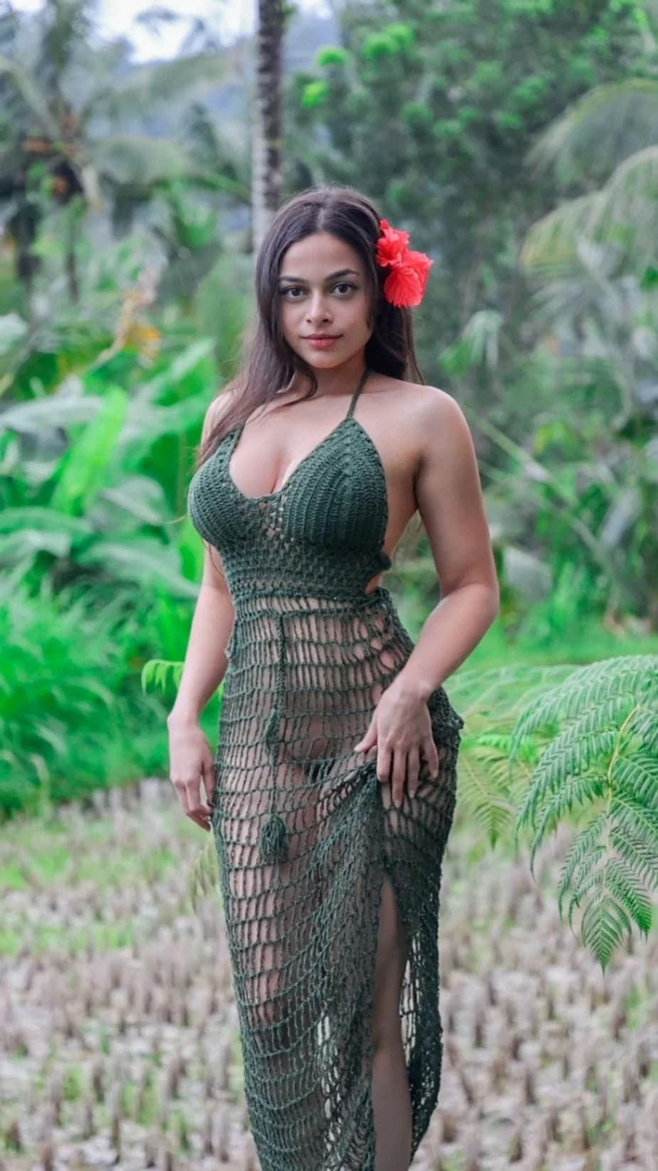 Image of Ashwitha Nude Model Strips Green Swimsuit Big Boobs Hairy Pussy Pics