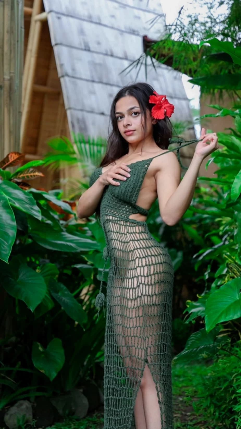 Image of Ashwitha Nude Model Strips Green Swimsuit Big Boobs Hairy Pussy Pics